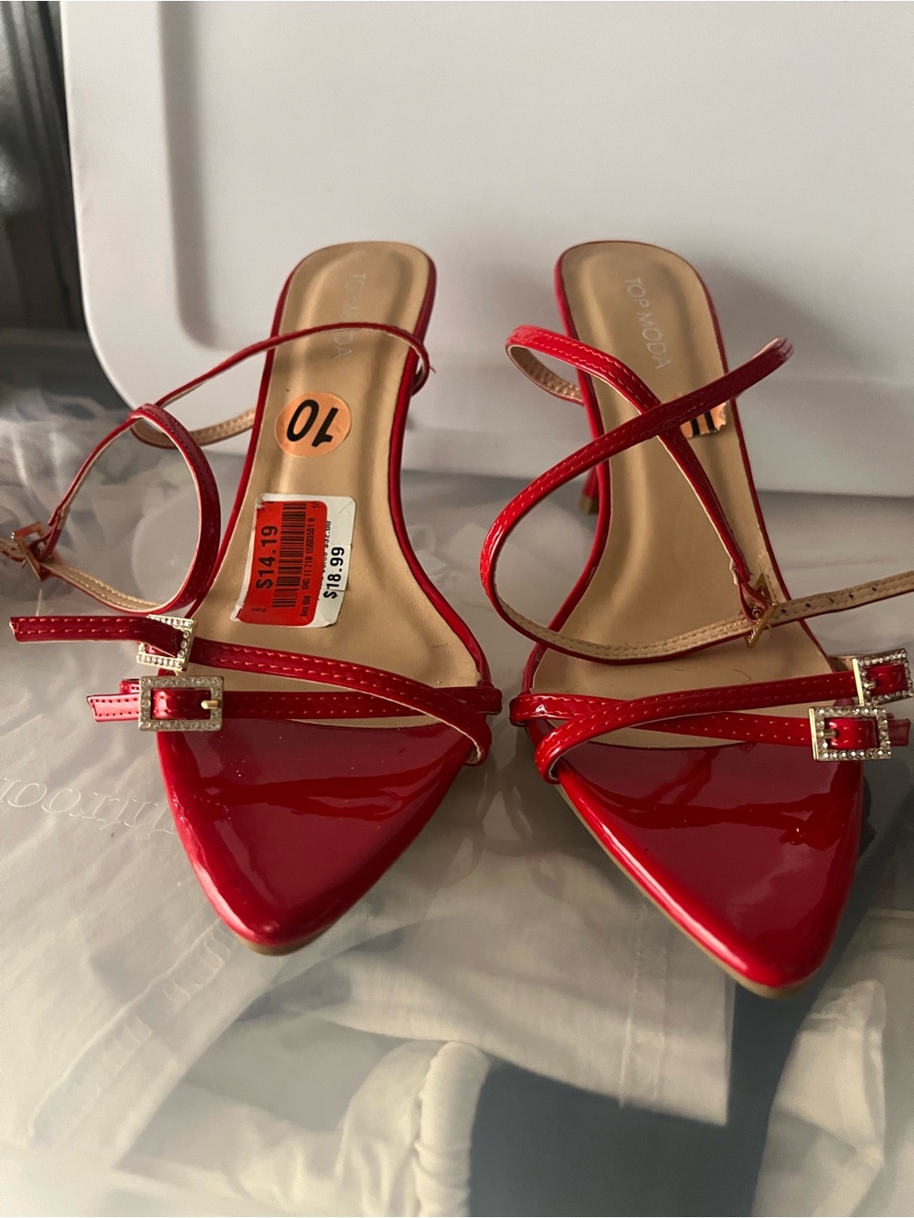 Moda International Red Patent Strappy Pointed Toe Heels